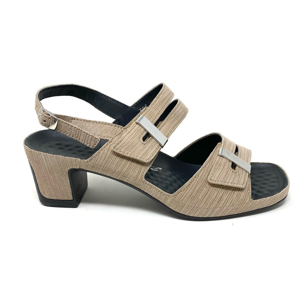 Beige Textured Slingback Sandal with Low Block Heel